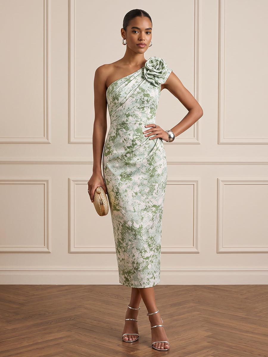 Satin Sheath One Shoulder Tea Length Ruched Cocktail Dresses