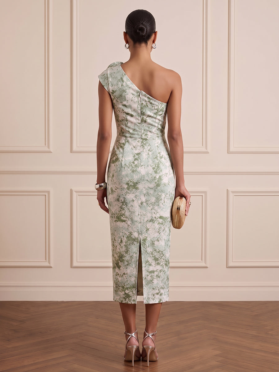 Satin Sheath One Shoulder Tea Length Ruched Cocktail Dresses