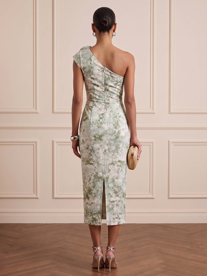 Satin Sheath One Shoulder Tea Length Ruched Cocktail Dresses