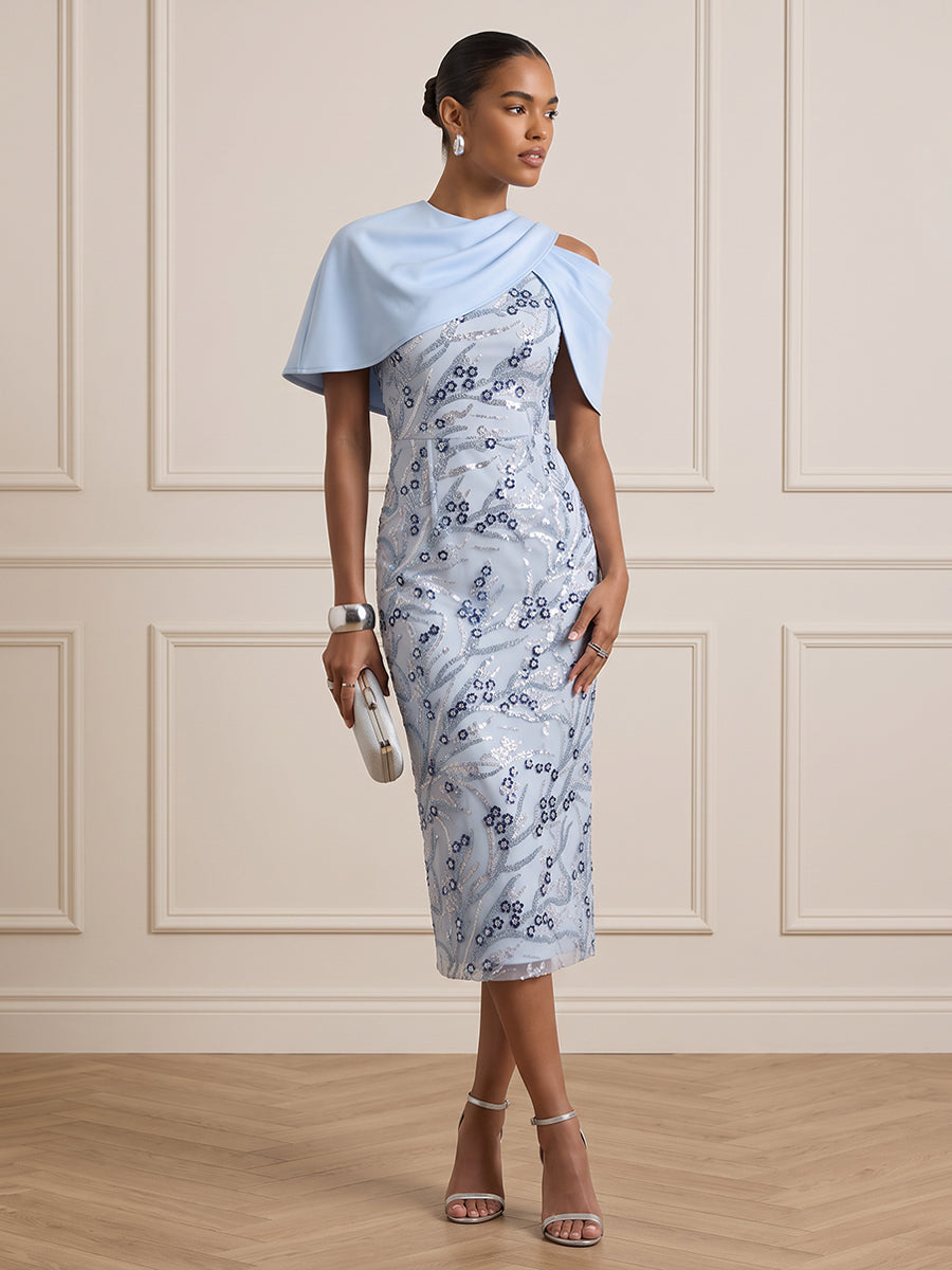 Sequin Sheath Round Neck Tea Length with Cape Cocktail Dresses