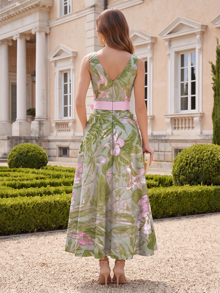 Jacquard A Line V Neck Tea Length Waist Bow Cocktail Dresses