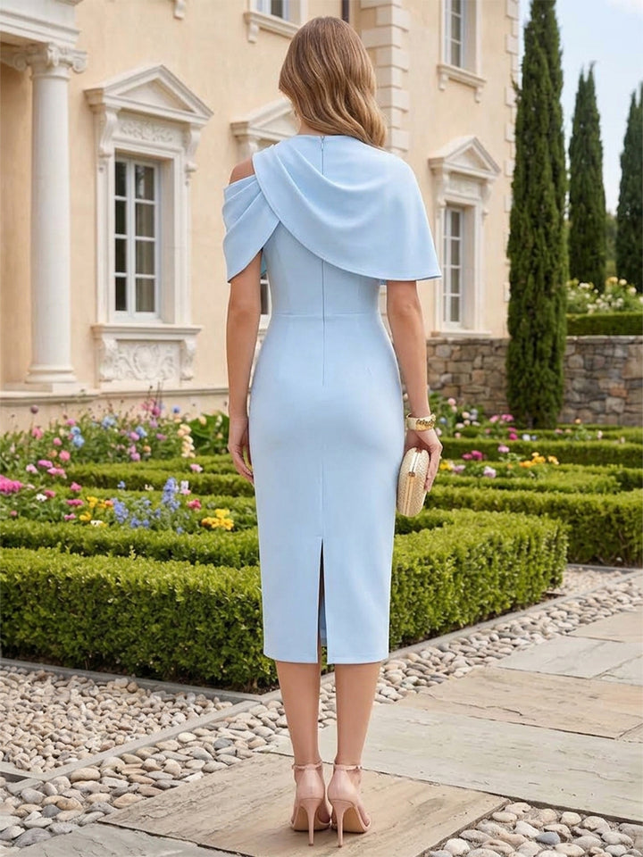 Satin Sheath Round Neck Tea Length Ruched Cocktail Dresses