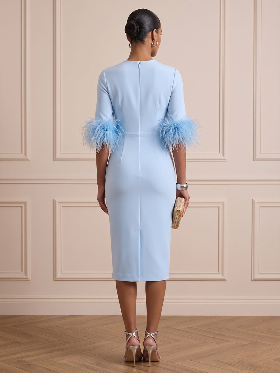 Satin Sheath Round Neck Tea Length with Feather Cocktail Dresses