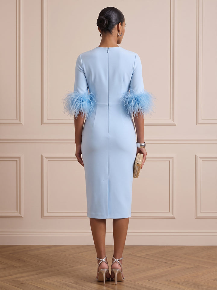 Satin Sheath Round Neck Tea Length with Feather Cocktail Dresses