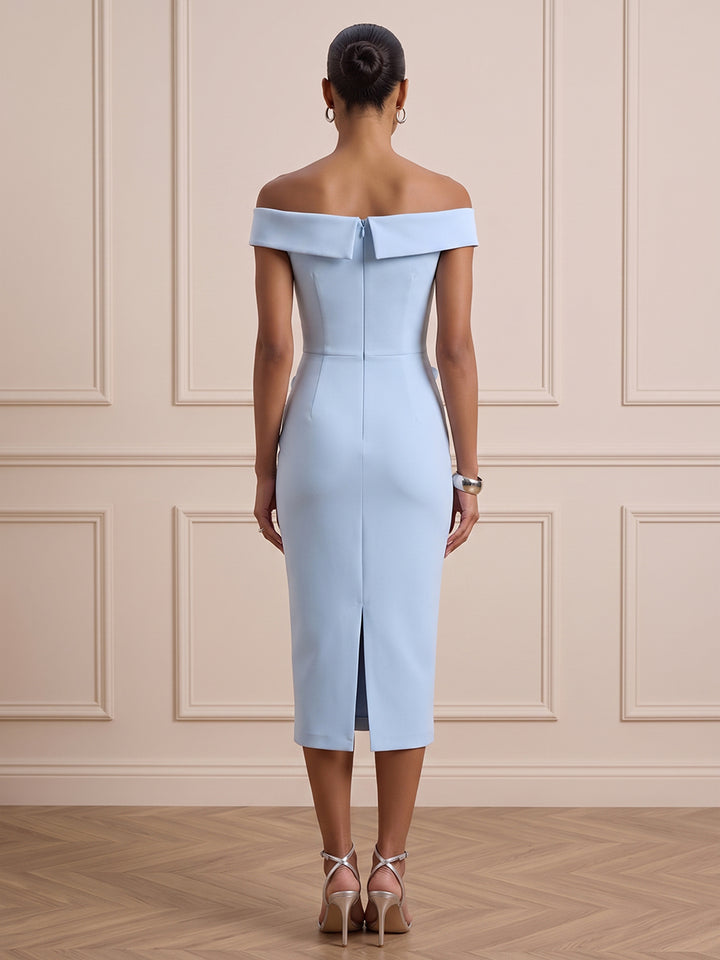 Satin Sheath Off the Shoulder Tea Length with 3D Flowers Cocktail Dresses