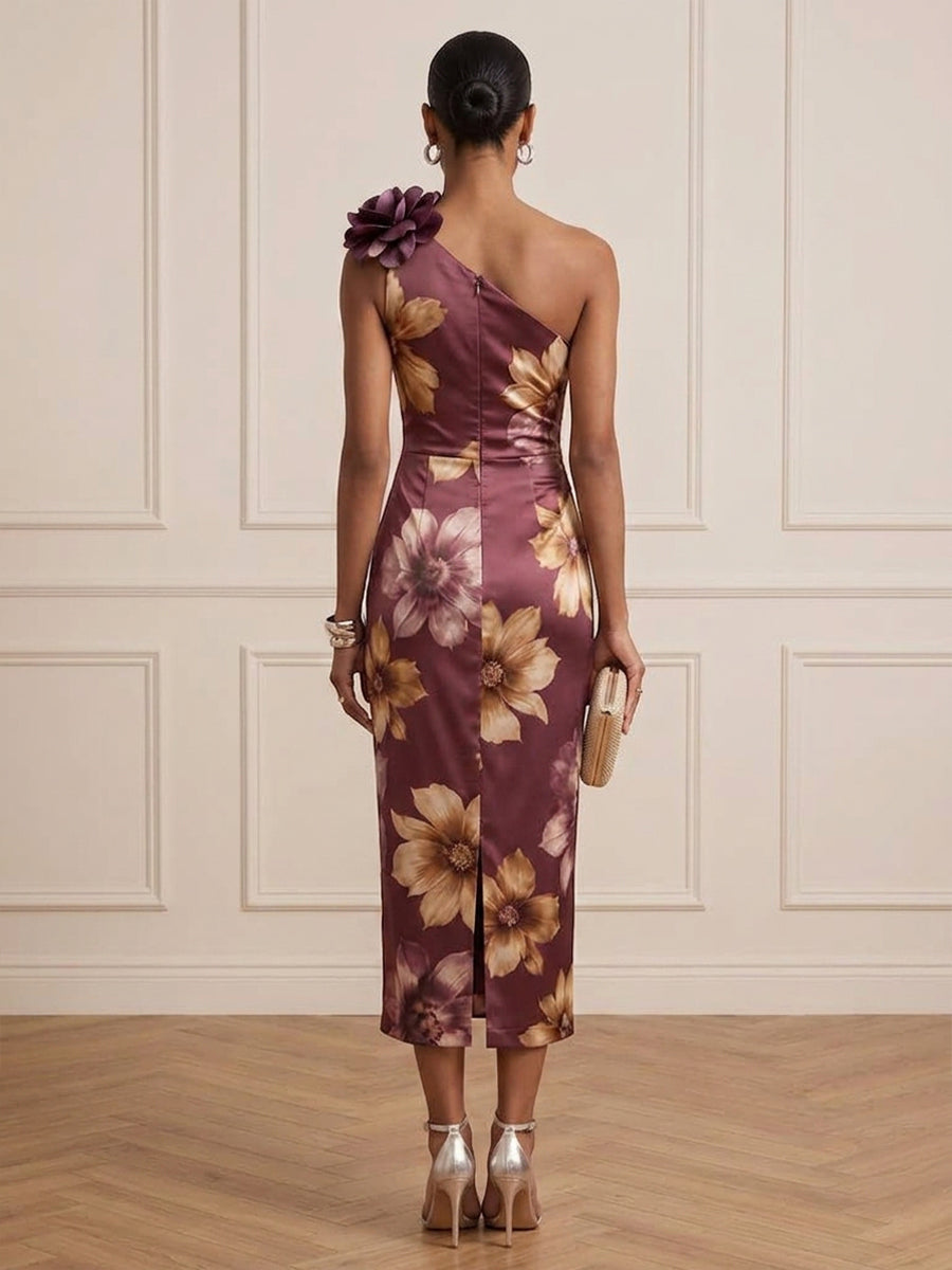 Satin Sheath One Shoulder Tea Length Ruched Cocktail Dresses