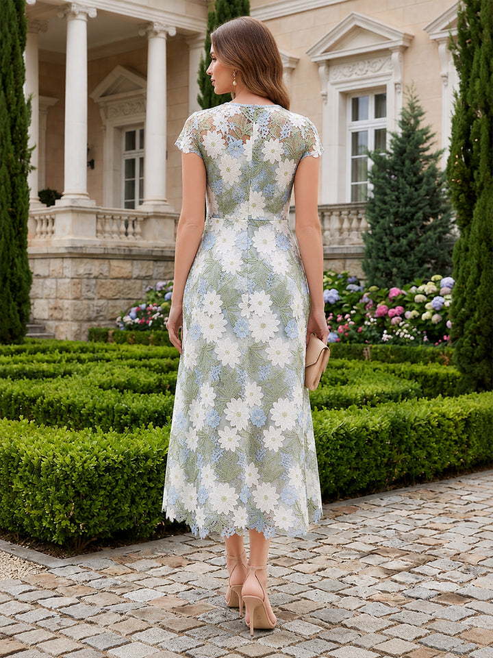 Tulle Sheath Round Neck Hi Lo Floral Embroidery Cocktail Dresses