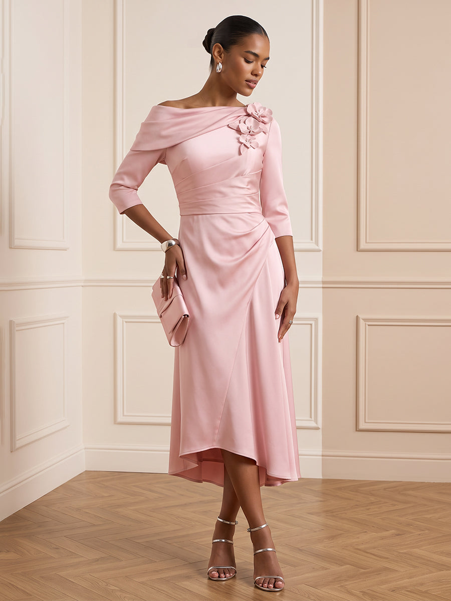 Satin A Line Off the Shoulder Tea Length Ruched Cocktail Dresses