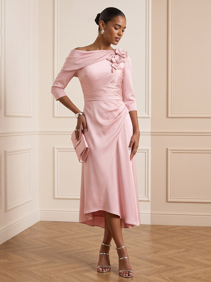 Satin A Line Off the Shoulder Tea Length Ruched Cocktail Dresses