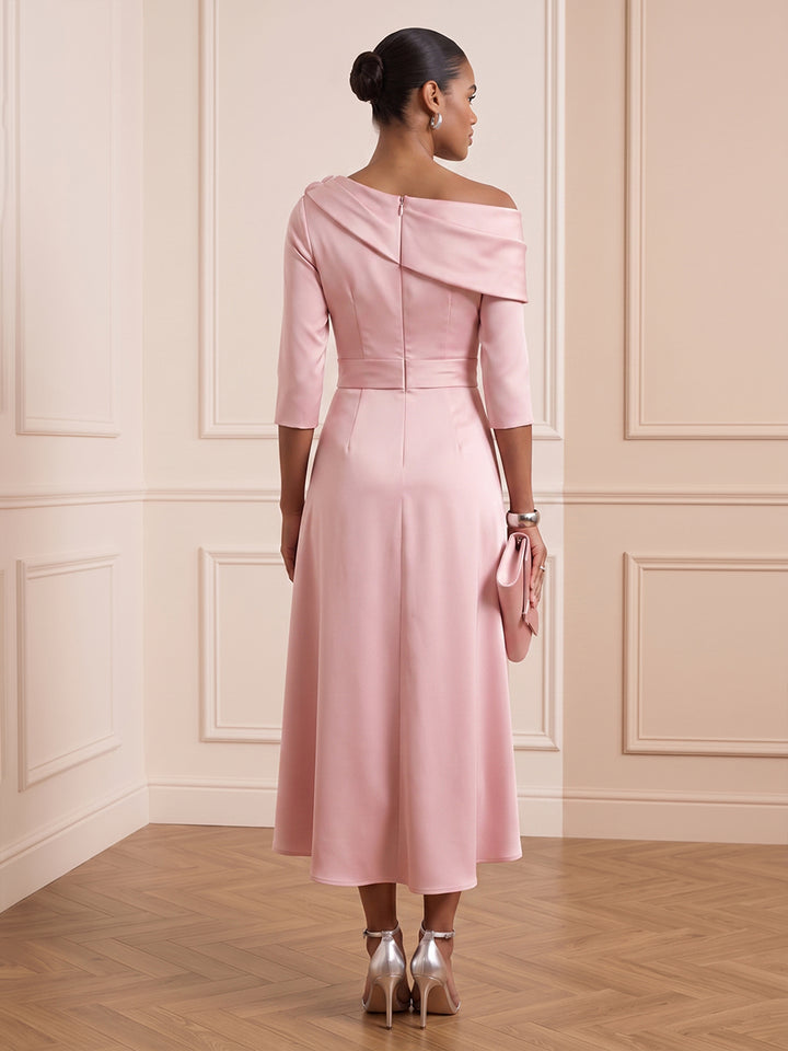 Satin A Line Off the Shoulder Tea Length Ruched Cocktail Dresses