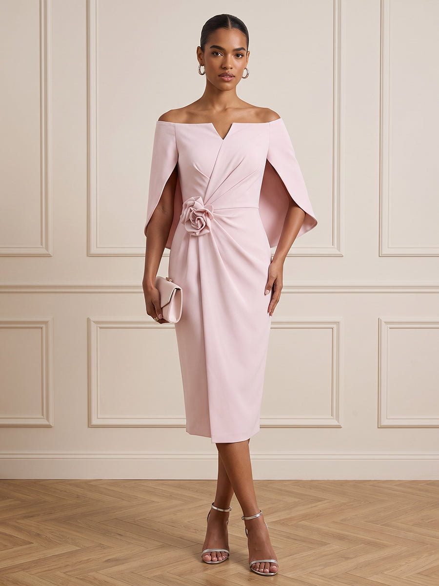 Satin Sheath Off the Shoulder Tea Length with Cape Cocktail Dresses