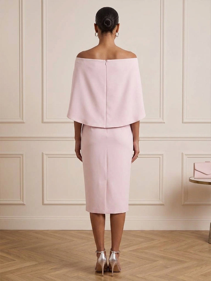Satin Sheath Off the Shoulder Tea Length with Cape Cocktail Dresses