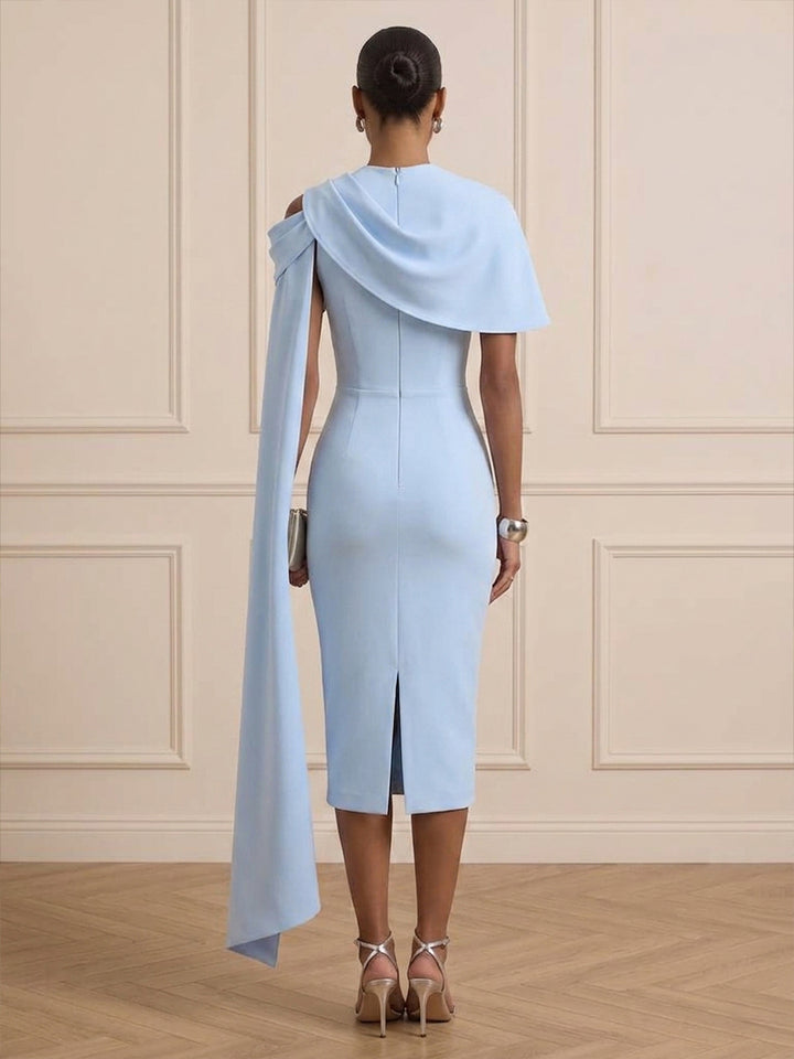 Satin Sheath Round Neck Tea Length with Cape Cocktail Dresses