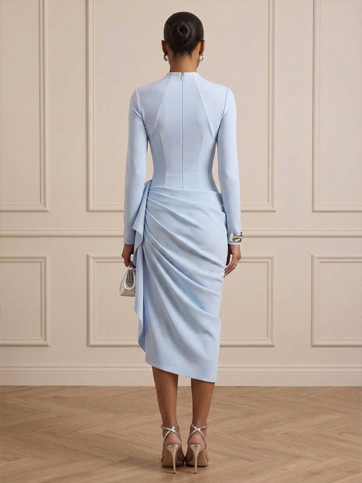 Satin Sheath Round Neck Tea Length Ruched Cocktail Dresses