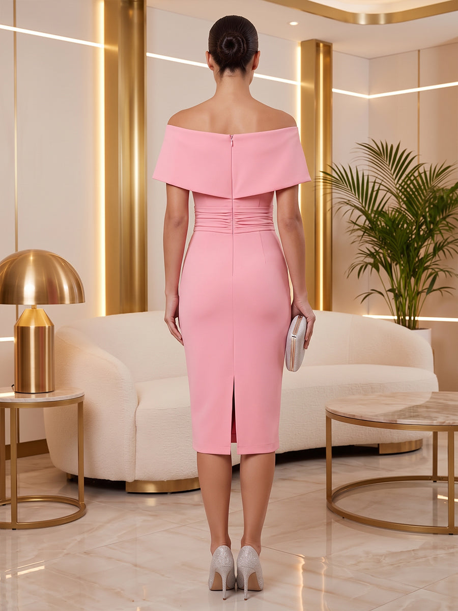 Satin Sheath Off the Shoulder Tea Length Ruched Waist Cocktail Dresses