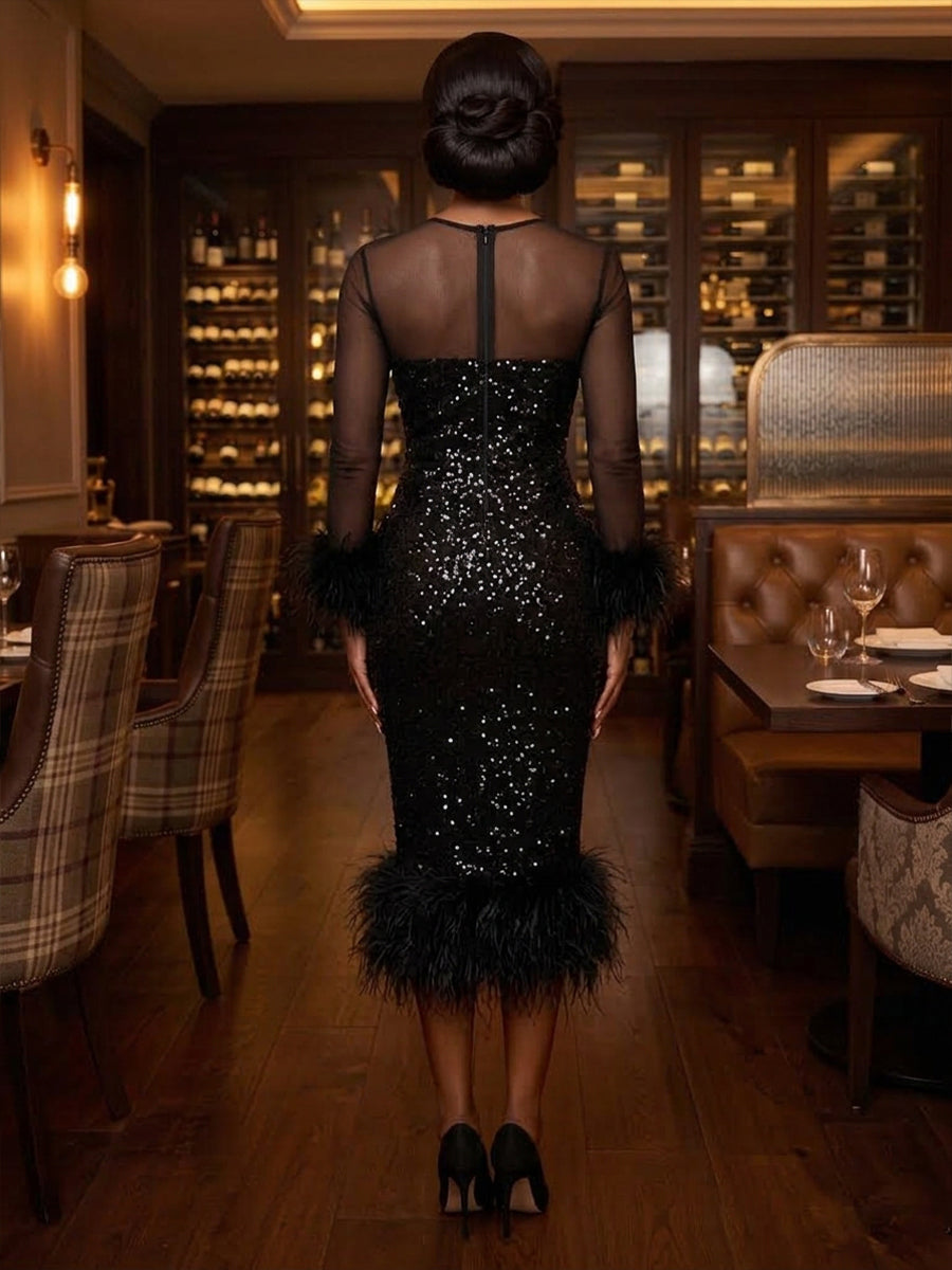 Sequin Sheath Round Neck Tea Length Sheer Bodice Cocktail Dresses