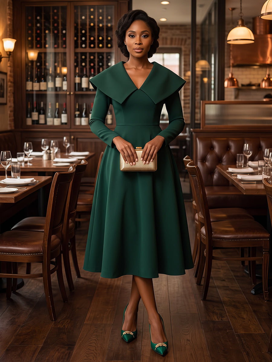 Satin A Line V Neck Tea Length Fitted Waist Cocktail Dresses