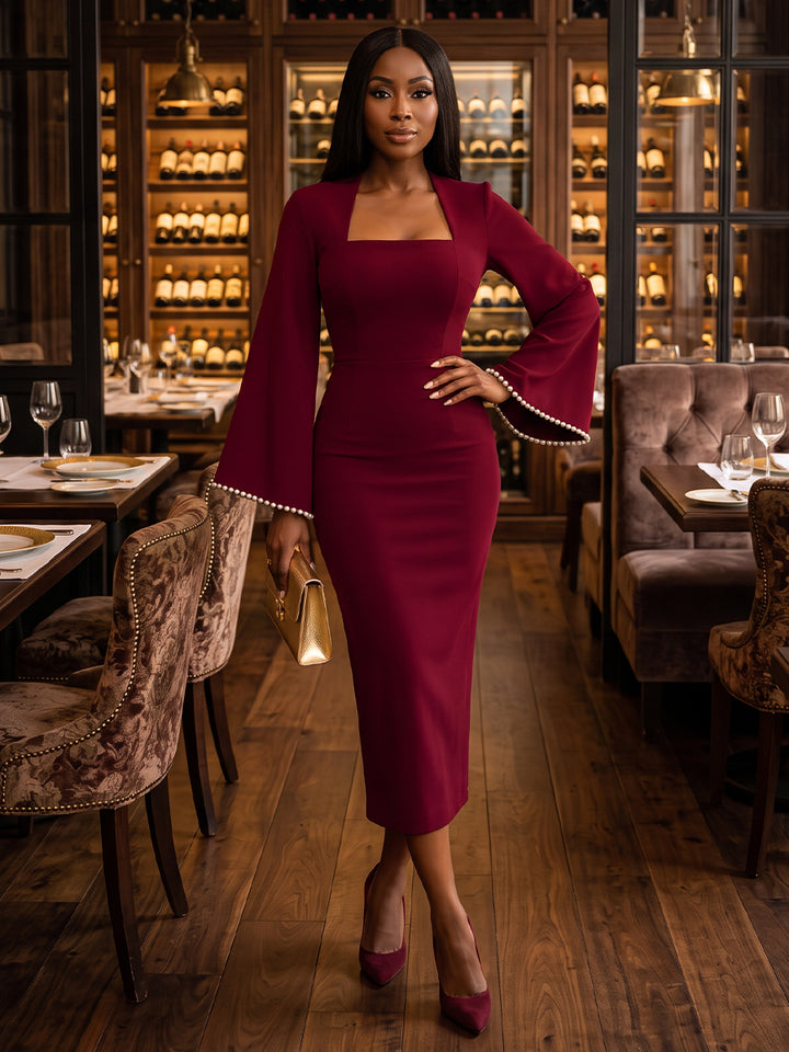 Satin Sheath Square Neck Tea Length Fitted Waist Cocktail Dresses