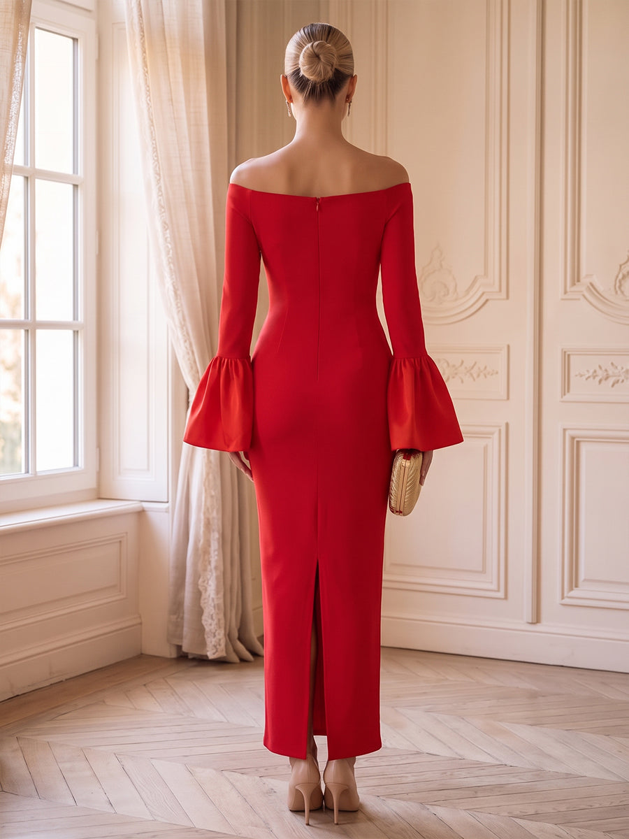 Satin Sheath Off the Shoulder Ankle Length Ruffles Sleeves Cocktail Dresses