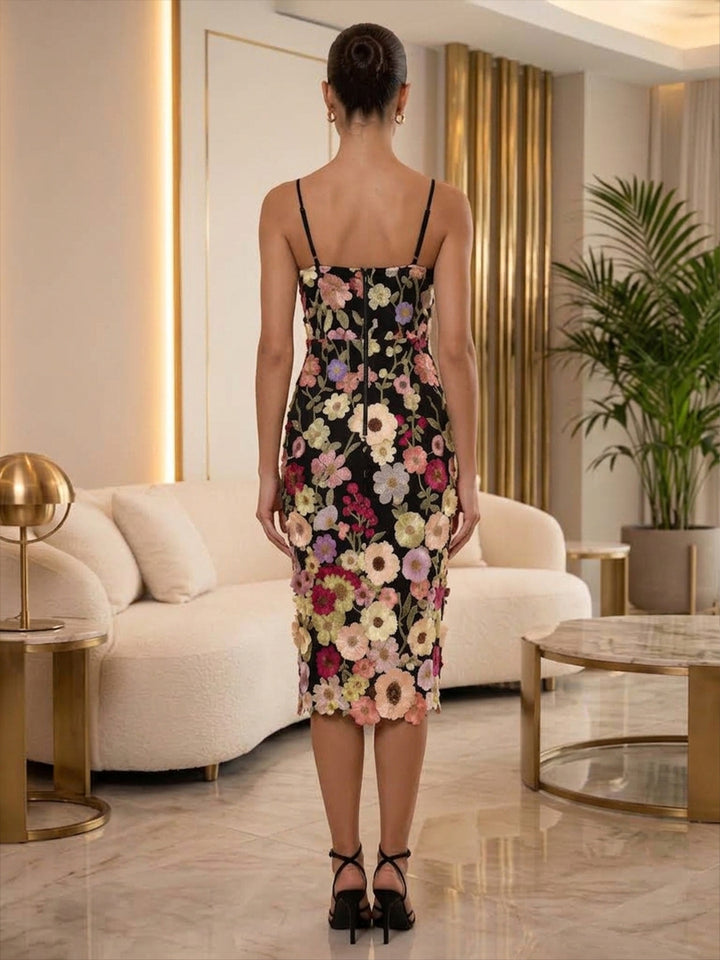 Tulle Sheath Spaghetti Straps Tea Length Floral Embroidery Cocktail Dresses