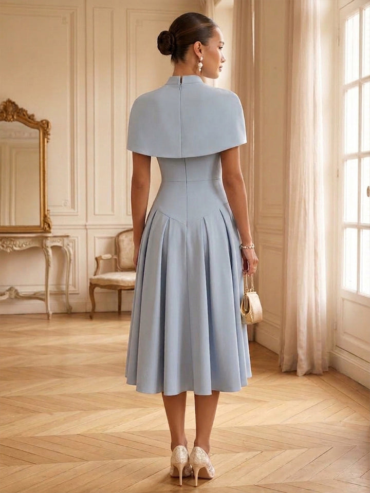 Satin A Line High Neck Tea Length with Cape Cocktail Dresses