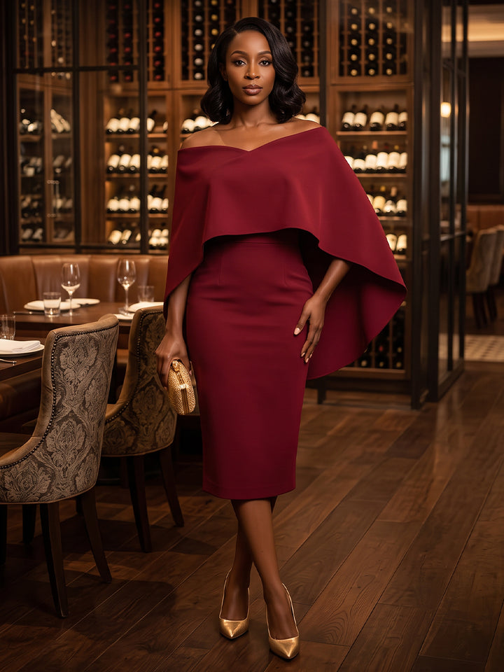 Satin Sheath Off the Shoulder Tea Length with Cape Cocktail Dresses