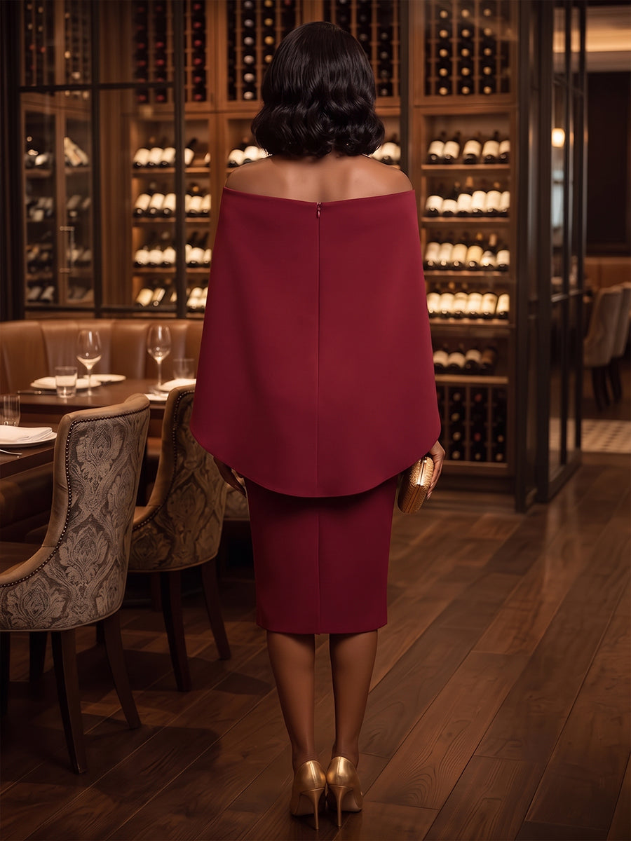 Satin Sheath Off the Shoulder Tea Length with Cape Cocktail Dresses
