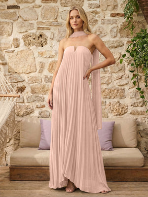 Strapless A Line Pleats Bridesmaid Dresses with Scarf