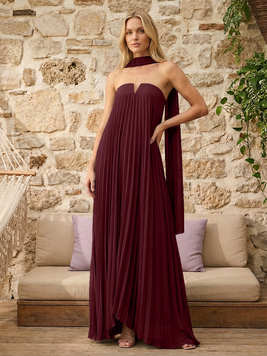 Strapless A Line Pleats Formal Dresses with Scarf