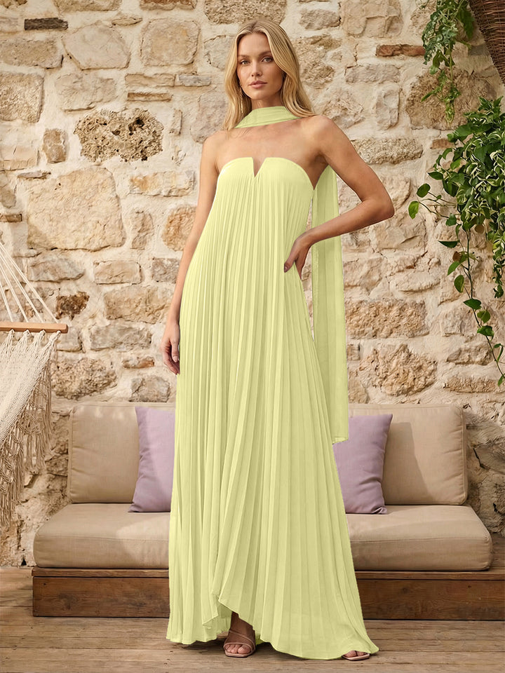 Strapless A Line Pleats Formal Dresses with Scarf