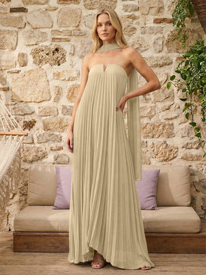 Strapless A Line Pleats Bridesmaid Dresses with Scarf