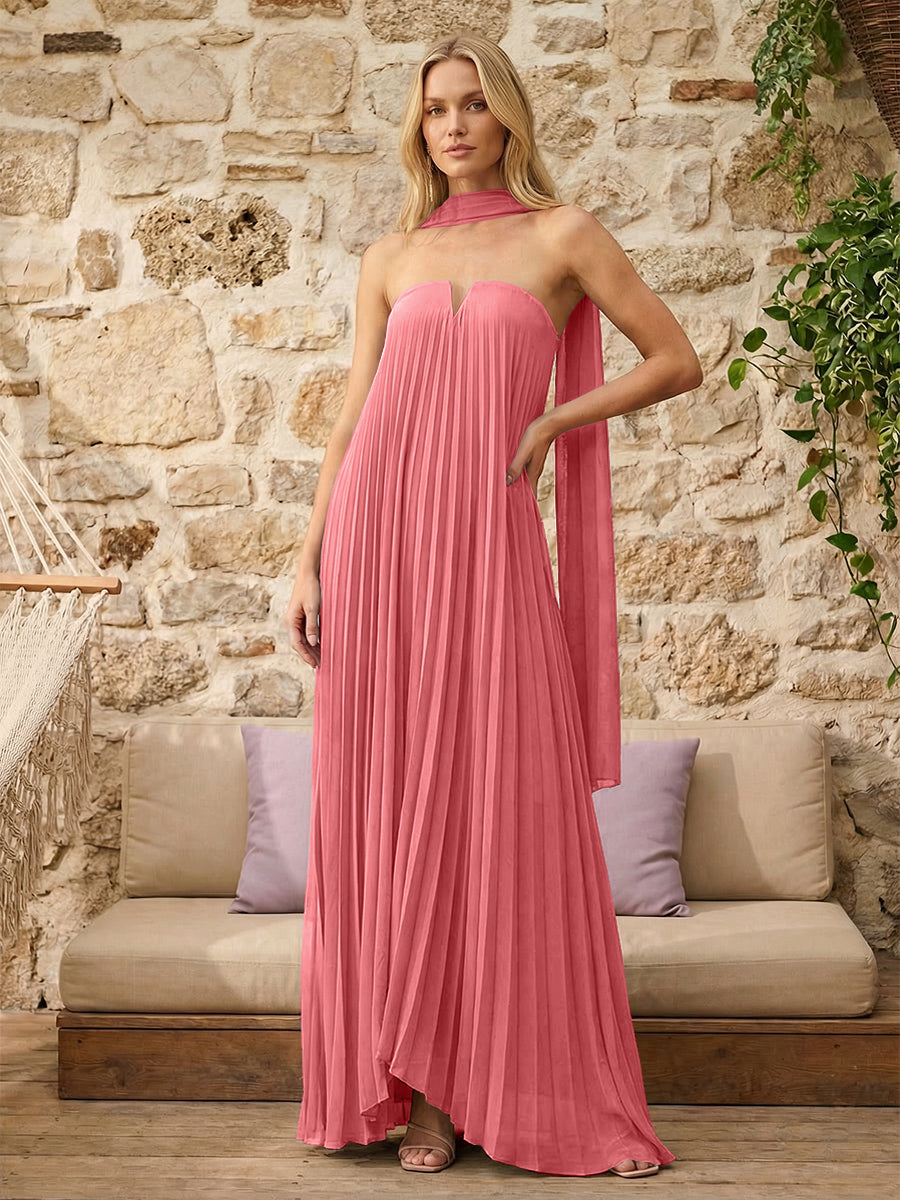 Strapless A Line Pleats Formal Dresses with Scarf