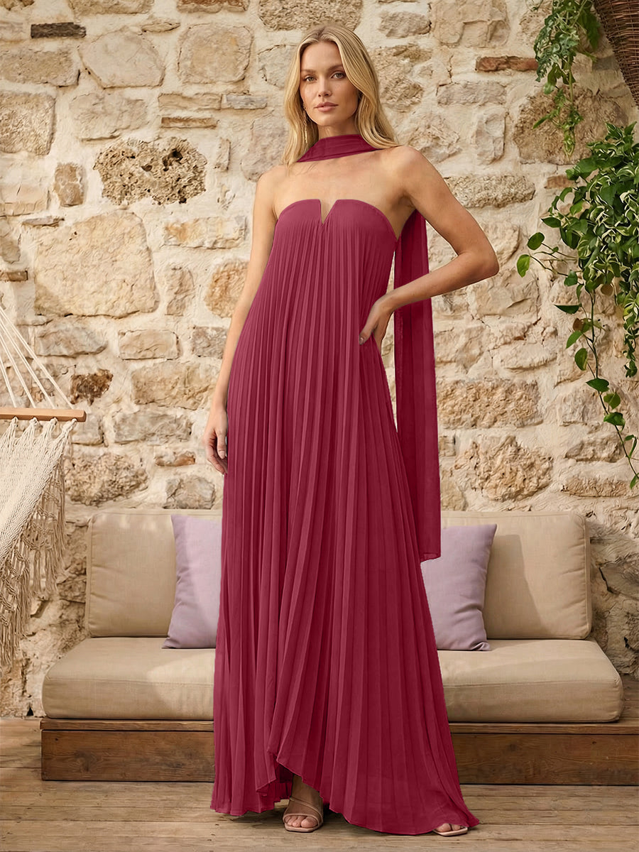 Strapless A Line Pleats Formal Dresses with Scarf