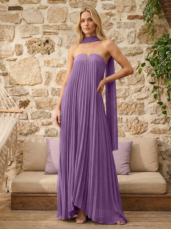 Strapless A Line Pleats Bridesmaid Dresses with Scarf