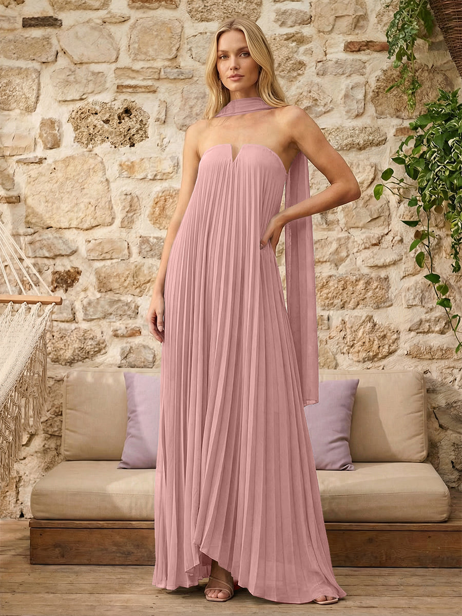 Strapless A Line Pleats Formal Dresses with Scarf