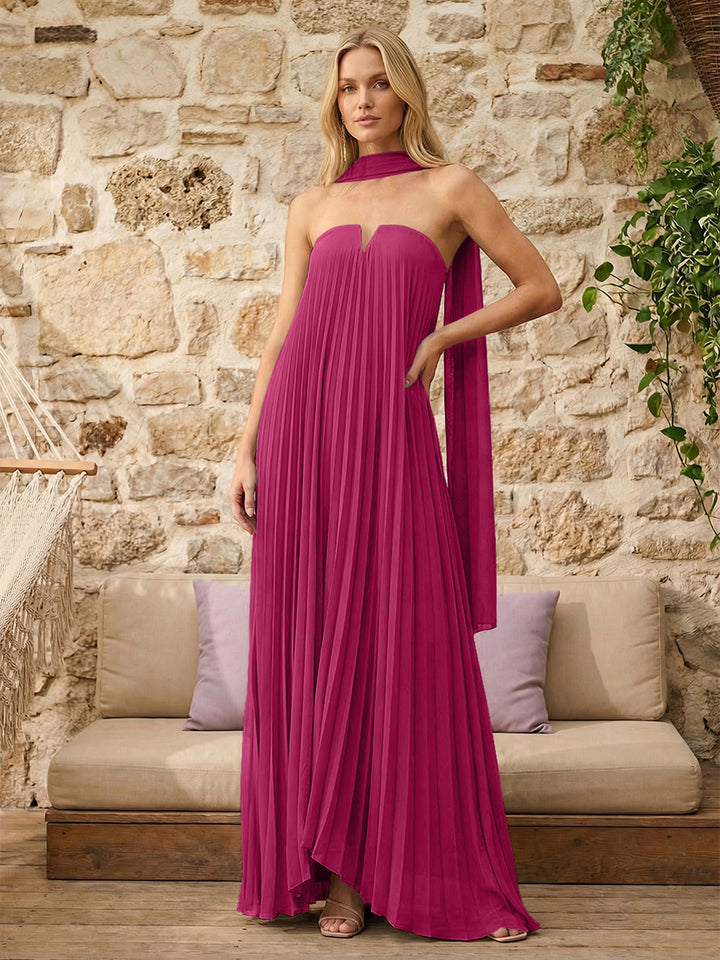 Strapless A Line Pleats Formal Dresses with Scarf