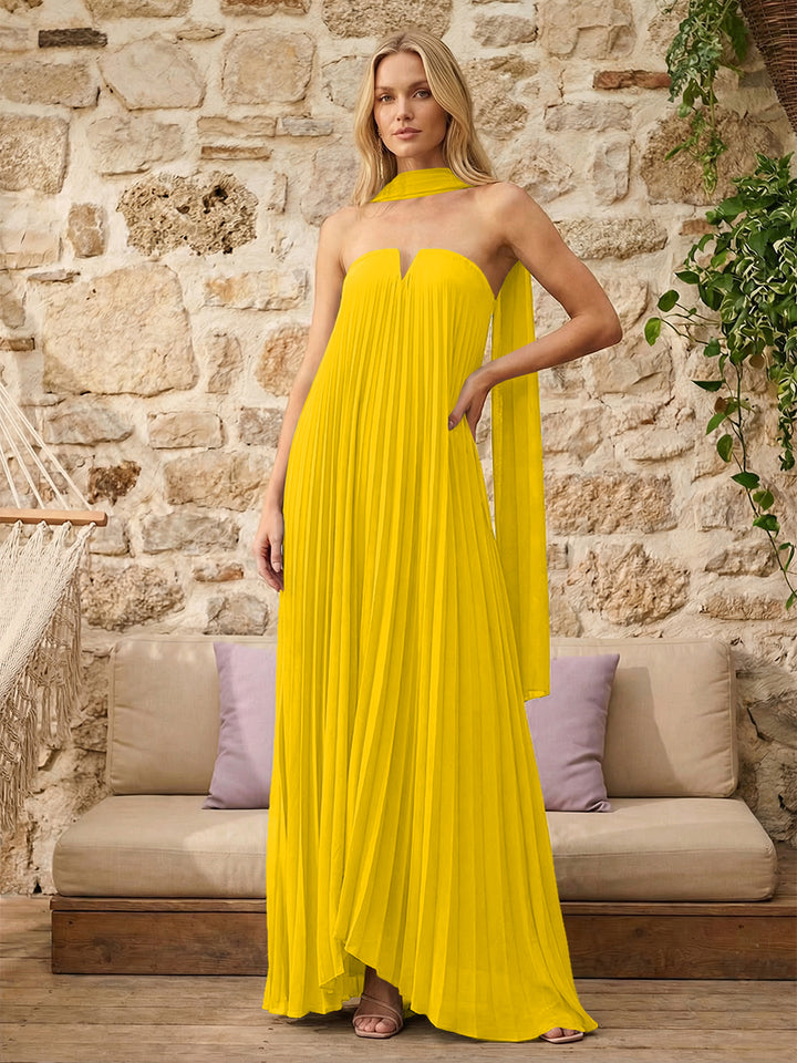 Strapless A Line Pleats Formal Dresses with Scarf