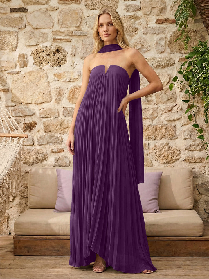 Strapless A Line Pleats Formal Dresses with Scarf