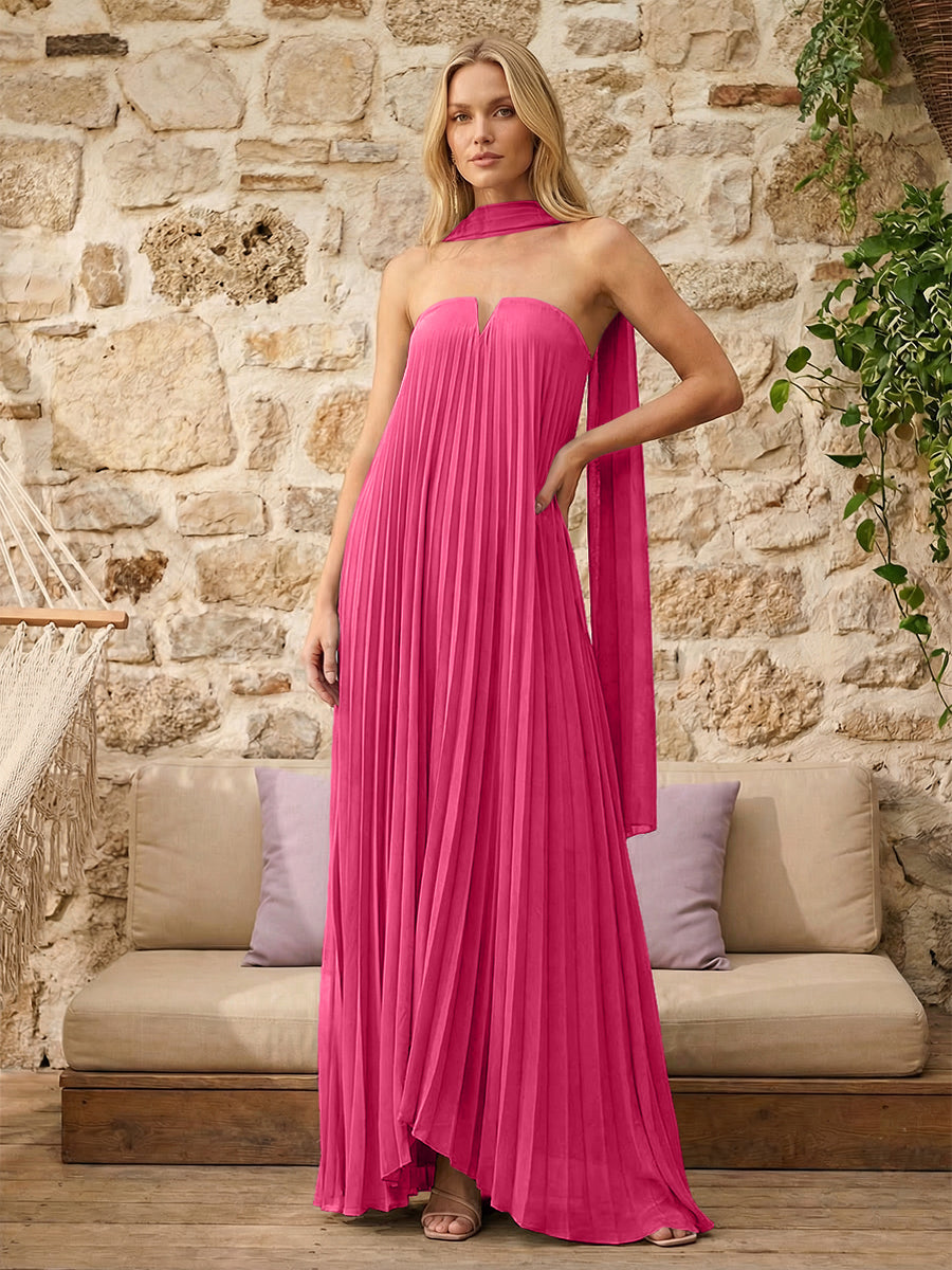 Strapless A Line Pleats Formal Dresses with Scarf
