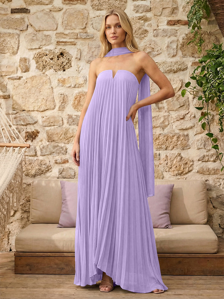 Strapless A Line Pleats Formal Dresses with Scarf
