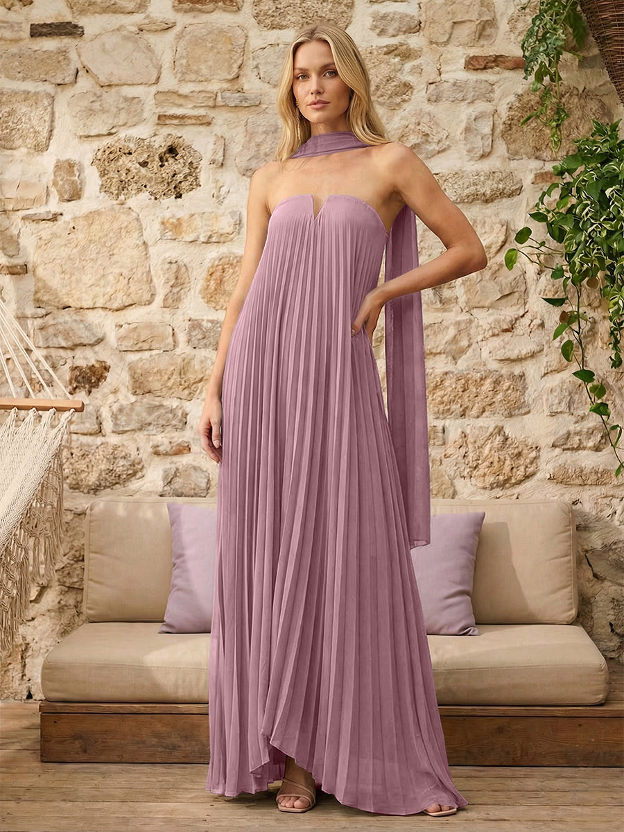 Strapless A Line Pleats Formal Dresses with Scarf