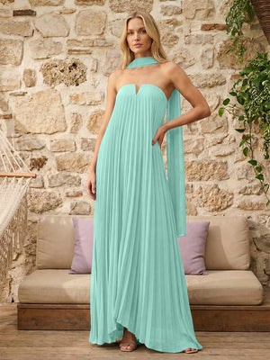 Strapless A Line Pleats Bridesmaid Dresses with Scarf