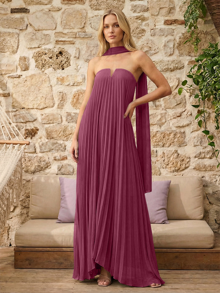 Strapless A Line Pleats Formal Dresses with Scarf