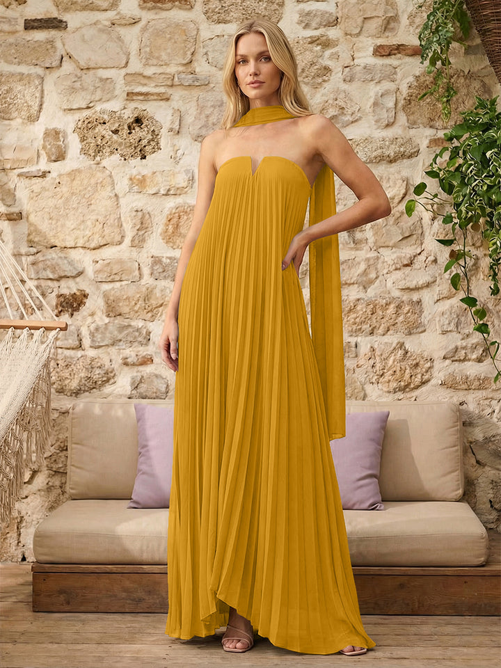 Strapless A Line Pleats Formal Dresses with Scarf