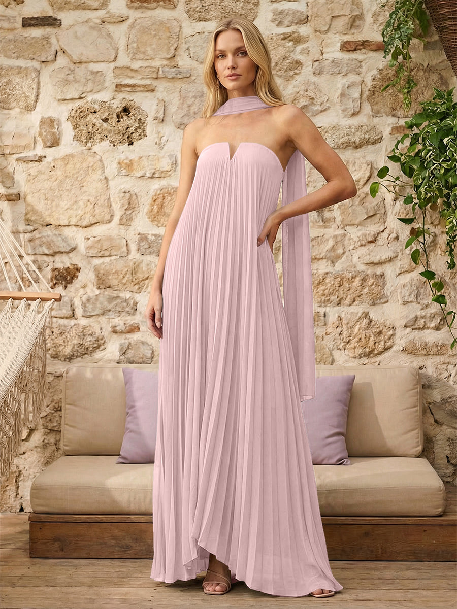 Strapless A Line Pleats Formal Dresses with Scarf