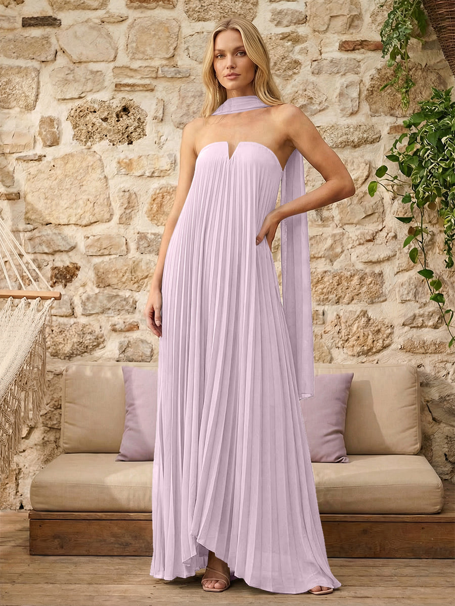 Strapless A Line Pleats Formal Dresses with Scarf