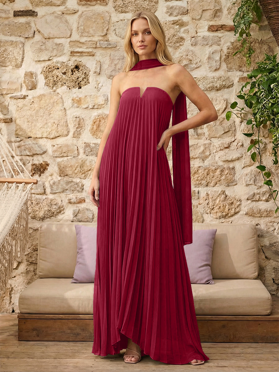 Strapless A Line Pleats Formal Dresses with Scarf