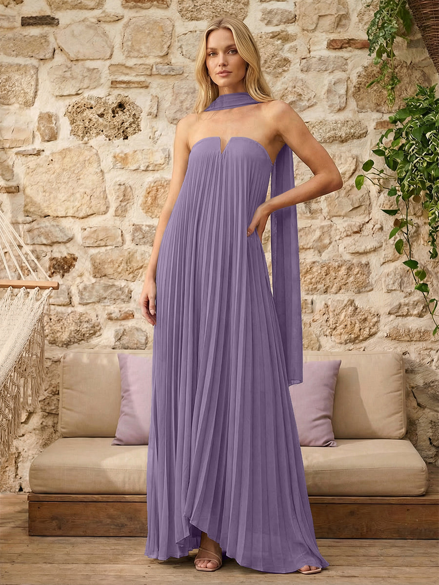 Strapless A Line Pleats Formal Dresses with Scarf