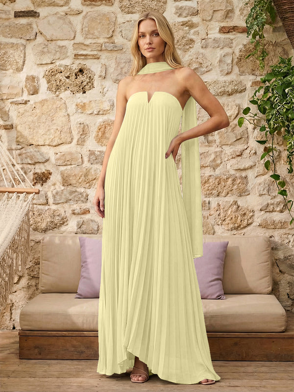 Strapless A Line Pleats Bridesmaid Dresses with Scarf