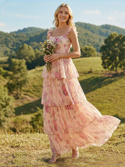 Floral Ruffles Spaghetti Straps A Line Wedding Guest Dresses with Tiered